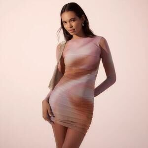 AFRM Maya Mesh Mini Dress Purple Motif Ruched Backless Long‎ Sleeve Bodycon Sz S